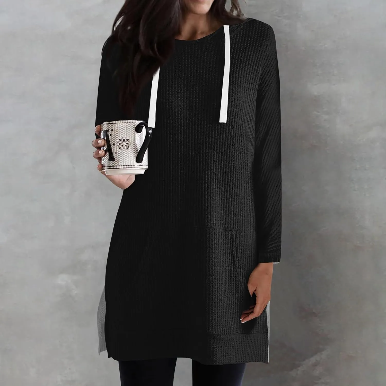 Women's Oversized Hoodie Dress Side Slits Waffle Knit Sweatshirt Casual Long Sleeve Drawstring Tops with Kangaroo Pocket