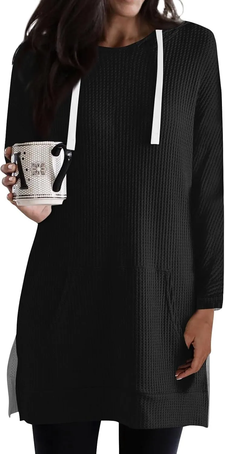 Women's Oversized Hoodie Dress Side Slits Waffle Knit Sweatshirt Casual Long Sleeve Drawstring Tops with Kangaroo Pocket