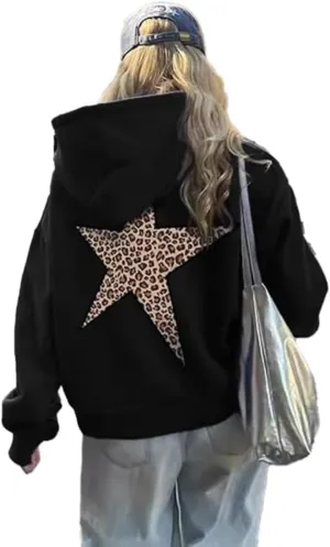 Womens Oversized Leopard Star Graphic Hoodies Long Sleeve Hoodie Pullover Hooded Sweatshirt Aesthetic Hoodie