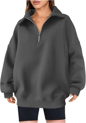Women's Oversized Quarter Half Zip Hoodies Sweatshirt,2024 Winter V Neck Long Sleeve Pullover Tunic Trendy Clothes