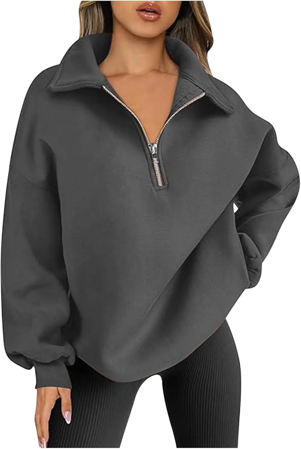Women's Oversized Quarter Half Zip Hoodies Sweatshirt,2024 Winter V Neck Long Sleeve Pullover Tunic Trendy Clothes