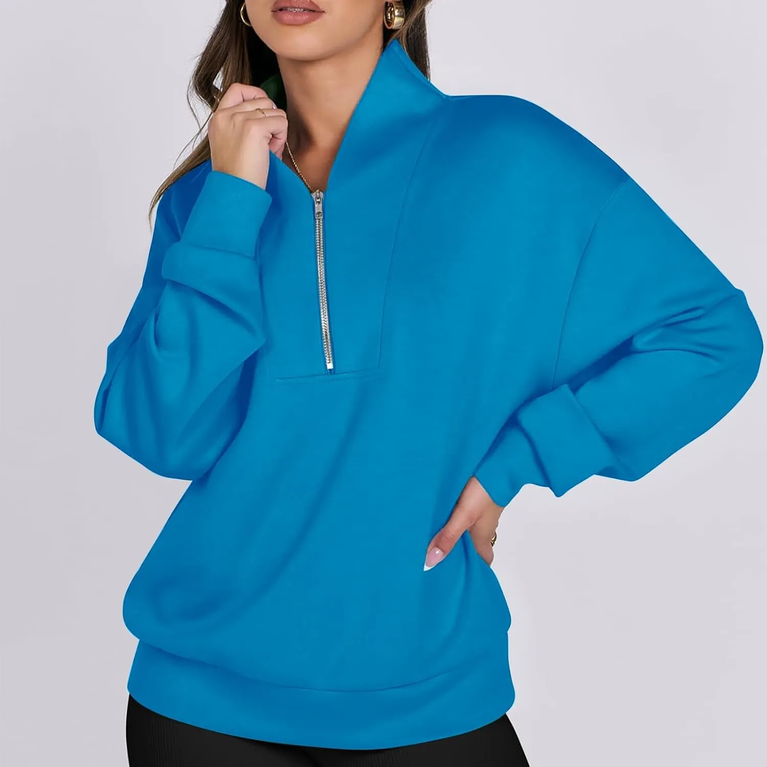 Women's Oversized Quarter Half Zip Hoodies,2024 Casual V Neck Long Sleeve Fleece Sweatshirts,Cute Winter