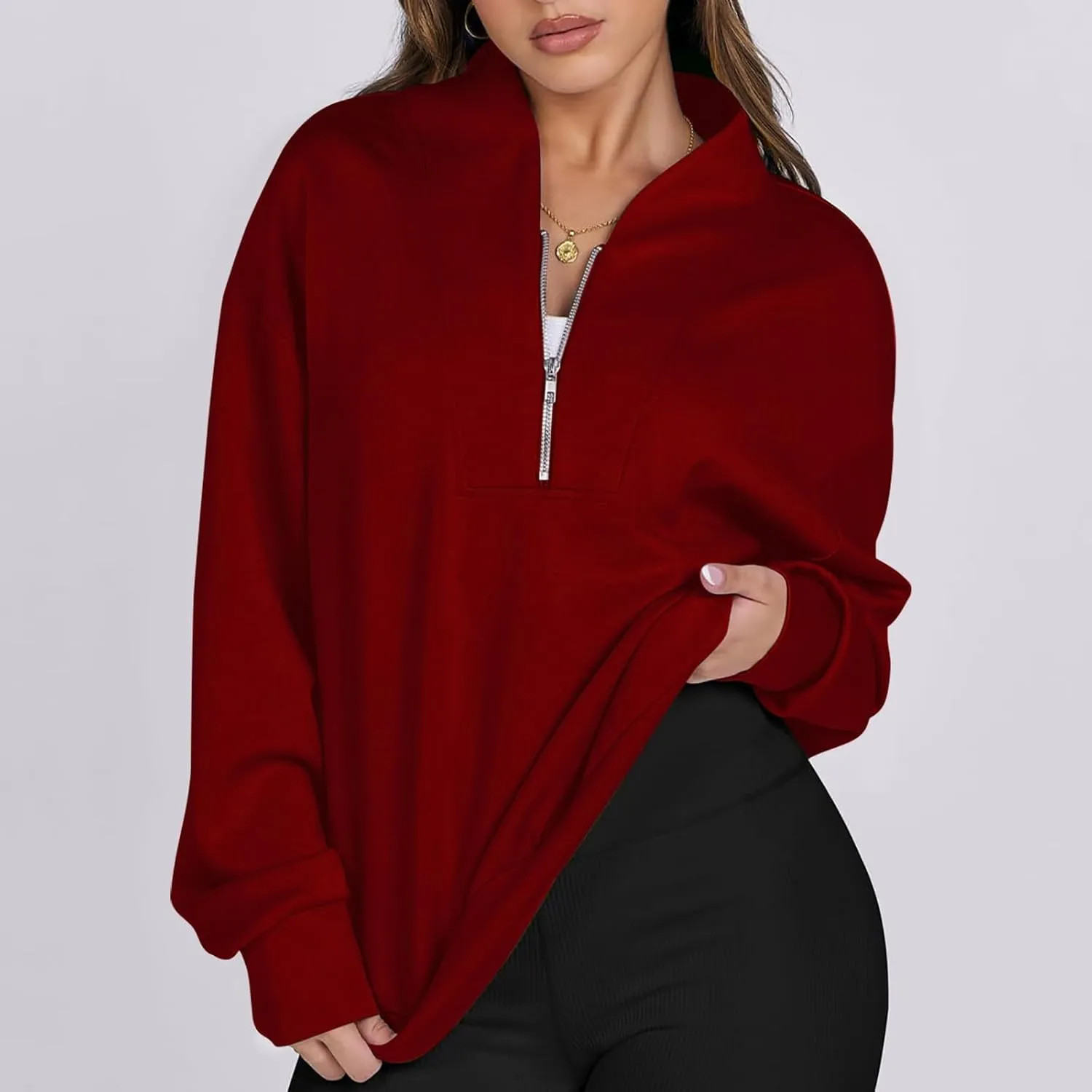 Women's Oversized Quarter Half Zip Hoodies,2024 Casual V Neck Long Sleeve Fleece Sweatshirts,Cute Winter