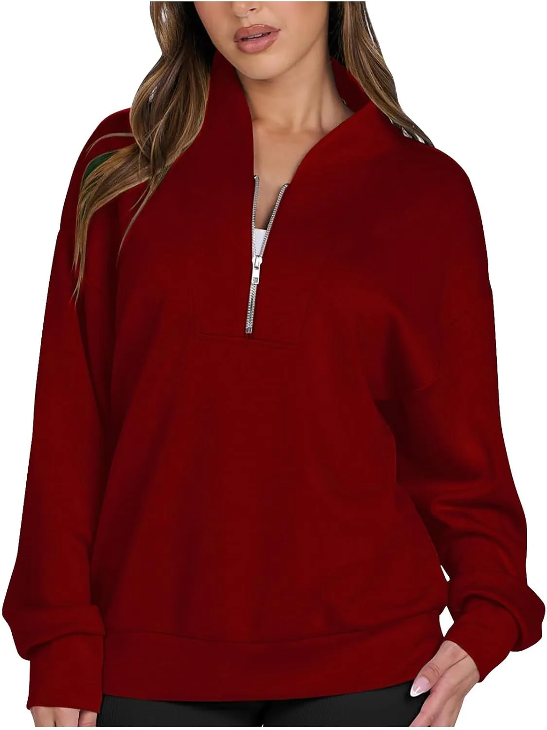 Women's Oversized Quarter Half Zip Hoodies,2024 Casual V Neck Long Sleeve Fleece Sweatshirts,Cute Winter