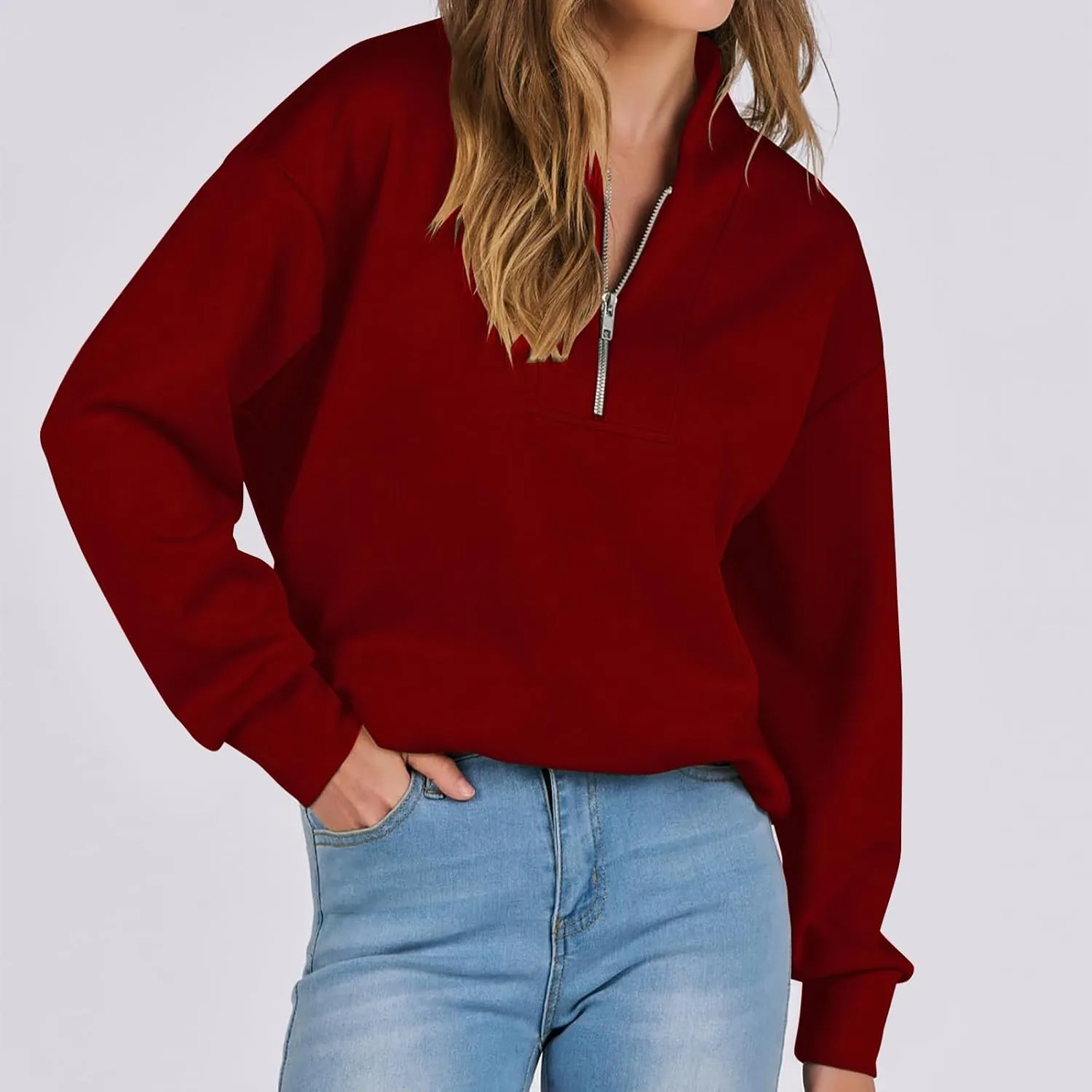 Women's Oversized Quarter Half Zip Hoodies,2024 Casual V Neck Long Sleeve Fleece Sweatshirts,Cute Winter