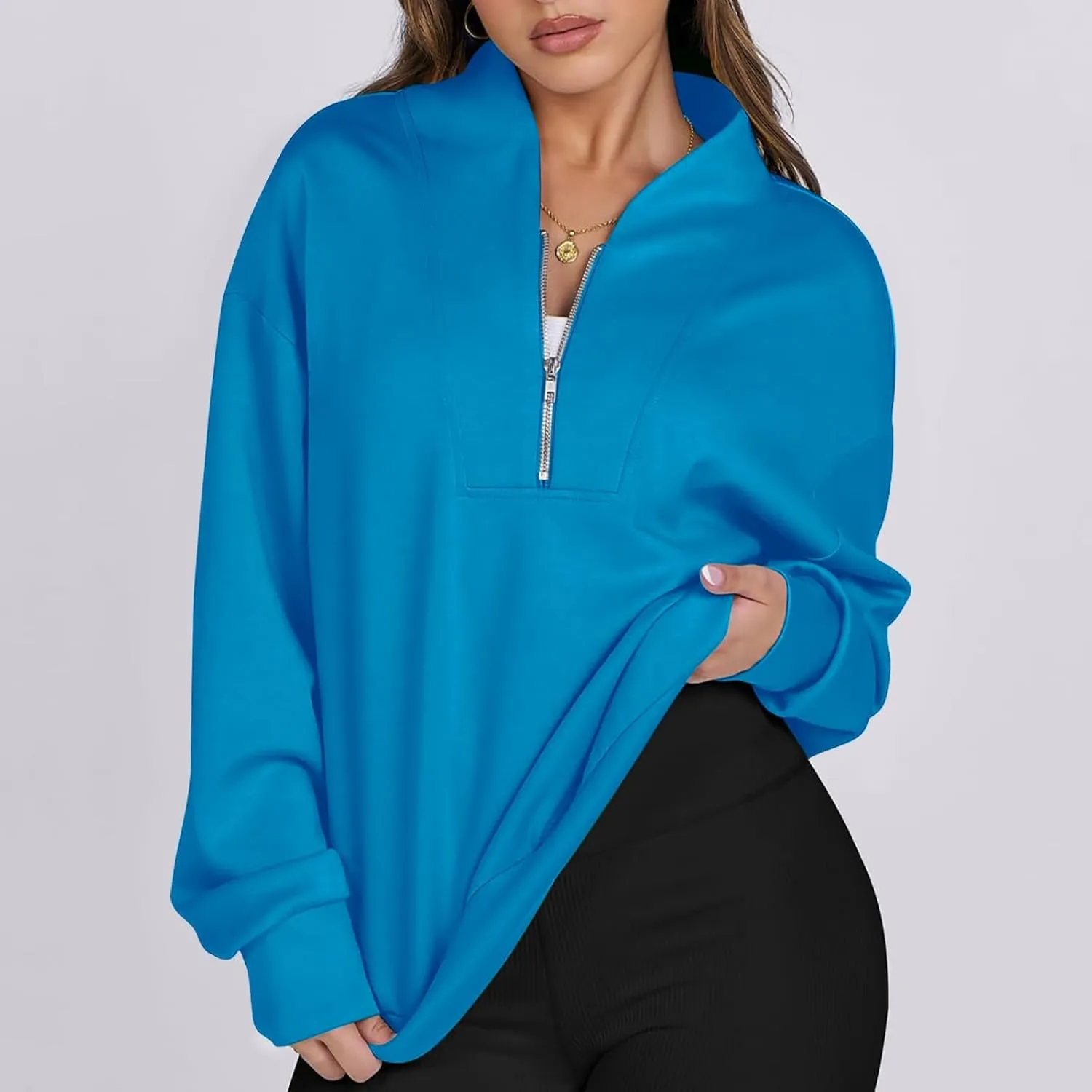 Women's Oversized Quarter Half Zip Hoodies,2024 Casual V Neck Long Sleeve Fleece Sweatshirts,Cute Winter