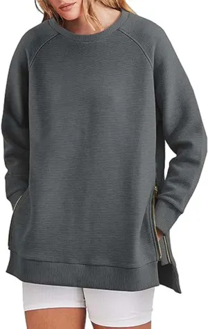 Womens Oversized Sweatshirt Crewneck Long Sleeve Tunic Pollover Side Zipper Hoodie Sweater 2024 Fall Clothes