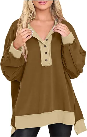 Womens Oversized Sweatshirts 2024 Fashion Fall Hoodies Long Sleeve V Neck Button Down Pullover Loose Fit Tops