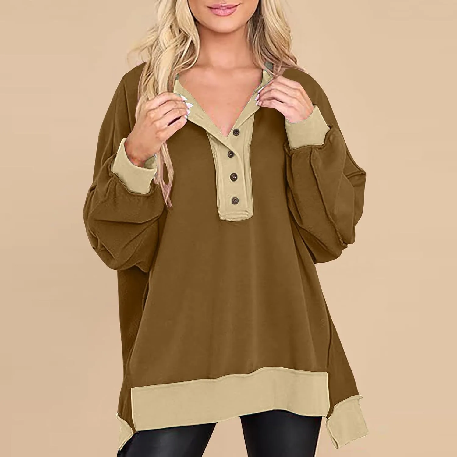 Womens Oversized Sweatshirts 2024 Fashion Fall Hoodies Long Sleeve V Neck Button Down Pullover Loose Fit Tops