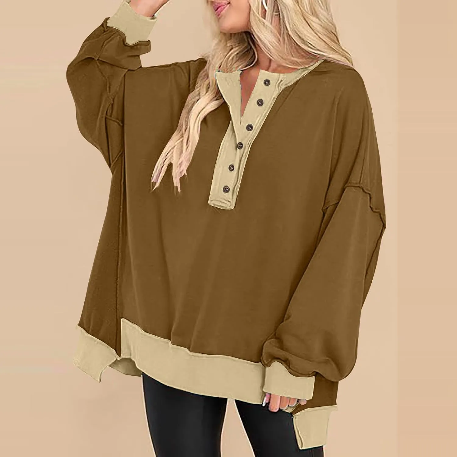 Womens Oversized Sweatshirts 2024 Fashion Fall Hoodies Long Sleeve V Neck Button Down Pullover Loose Fit Tops