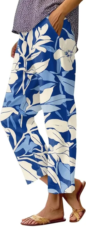 Womens Pants Boho Floral Linen Pants Elastic Waisted Casual Cotton Linen Drawstring Summer Beach Vacation Trouser