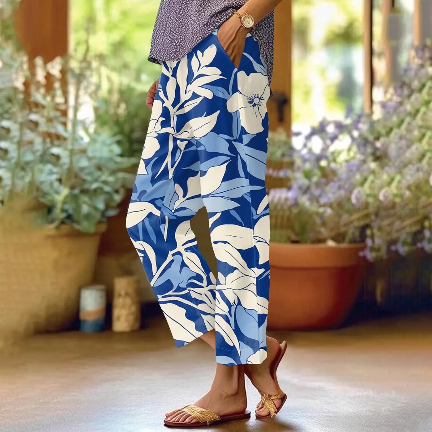 Womens Pants Boho Floral Linen Pants Elastic Waisted Casual Cotton Linen Drawstring Summer Beach Vacation Trouser