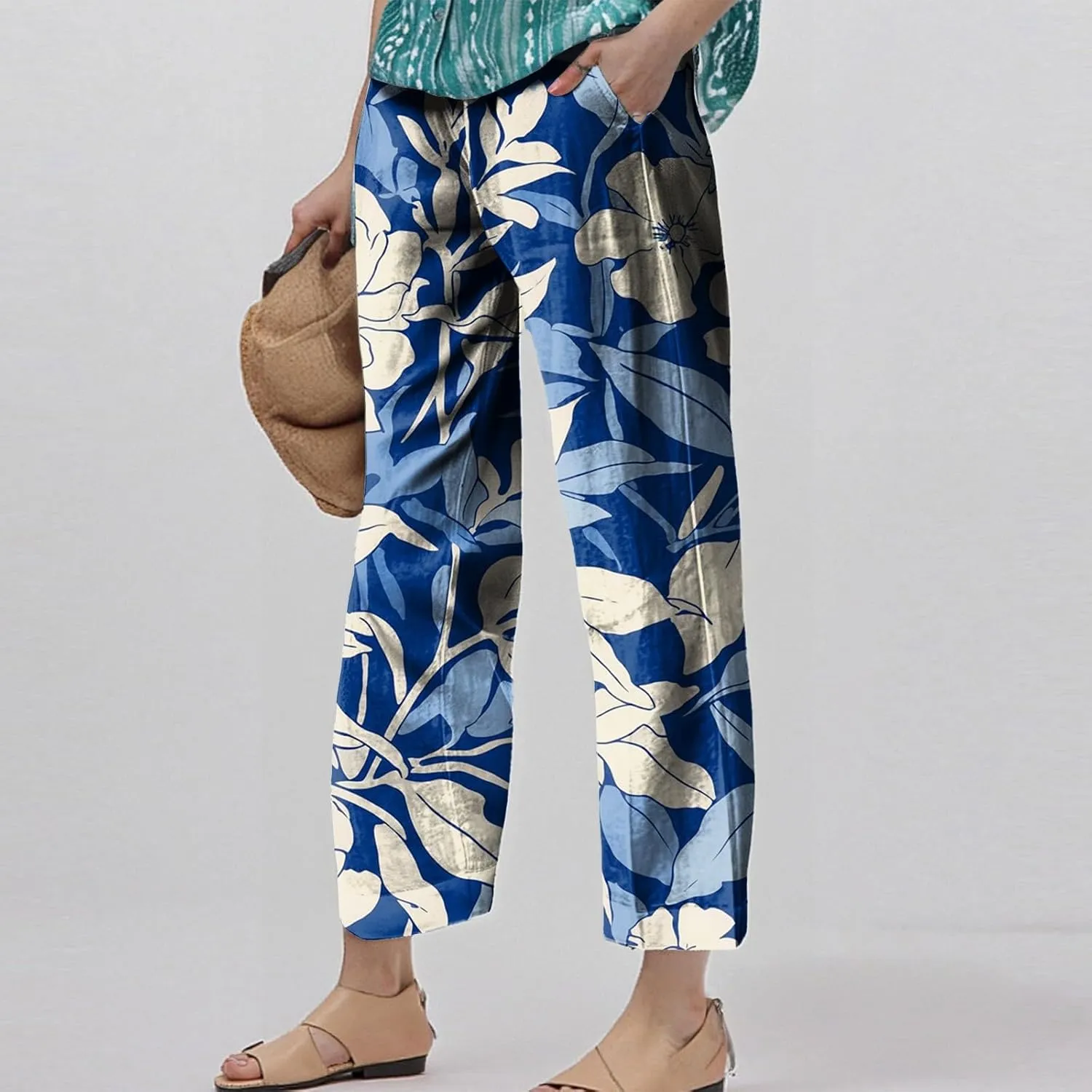 Womens Pants Boho Floral Linen Pants Elastic Waisted Casual Cotton Linen Drawstring Summer Beach Vacation Trouser