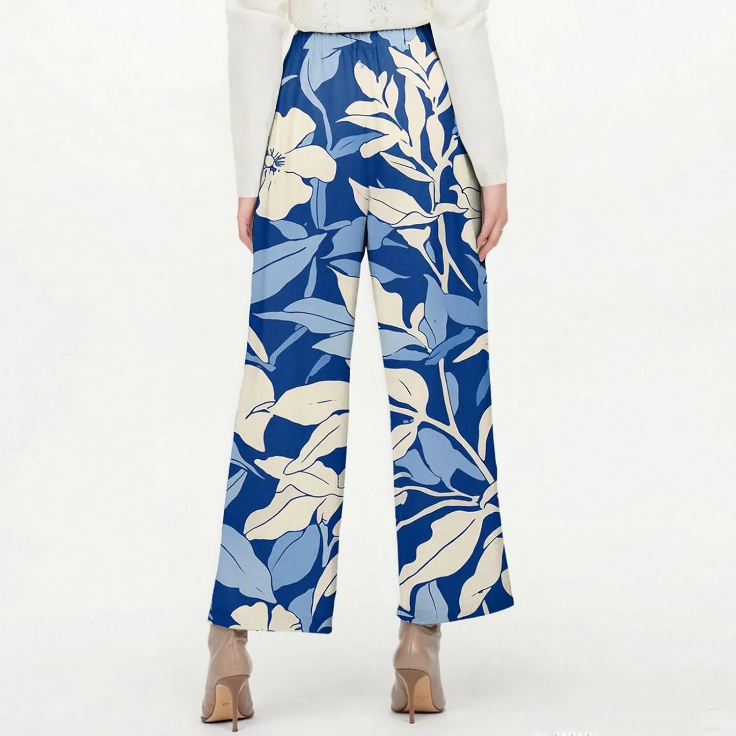Womens Pants Boho Floral Linen Pants Elastic Waisted Casual Cotton Linen Drawstring Summer Beach Vacation Trouser