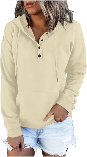 Women's Pullover Hoodies Tops Casual Button Down Long Sleeve Hooded Sweatshirts With Kangaroo Pocket Trendy 2023