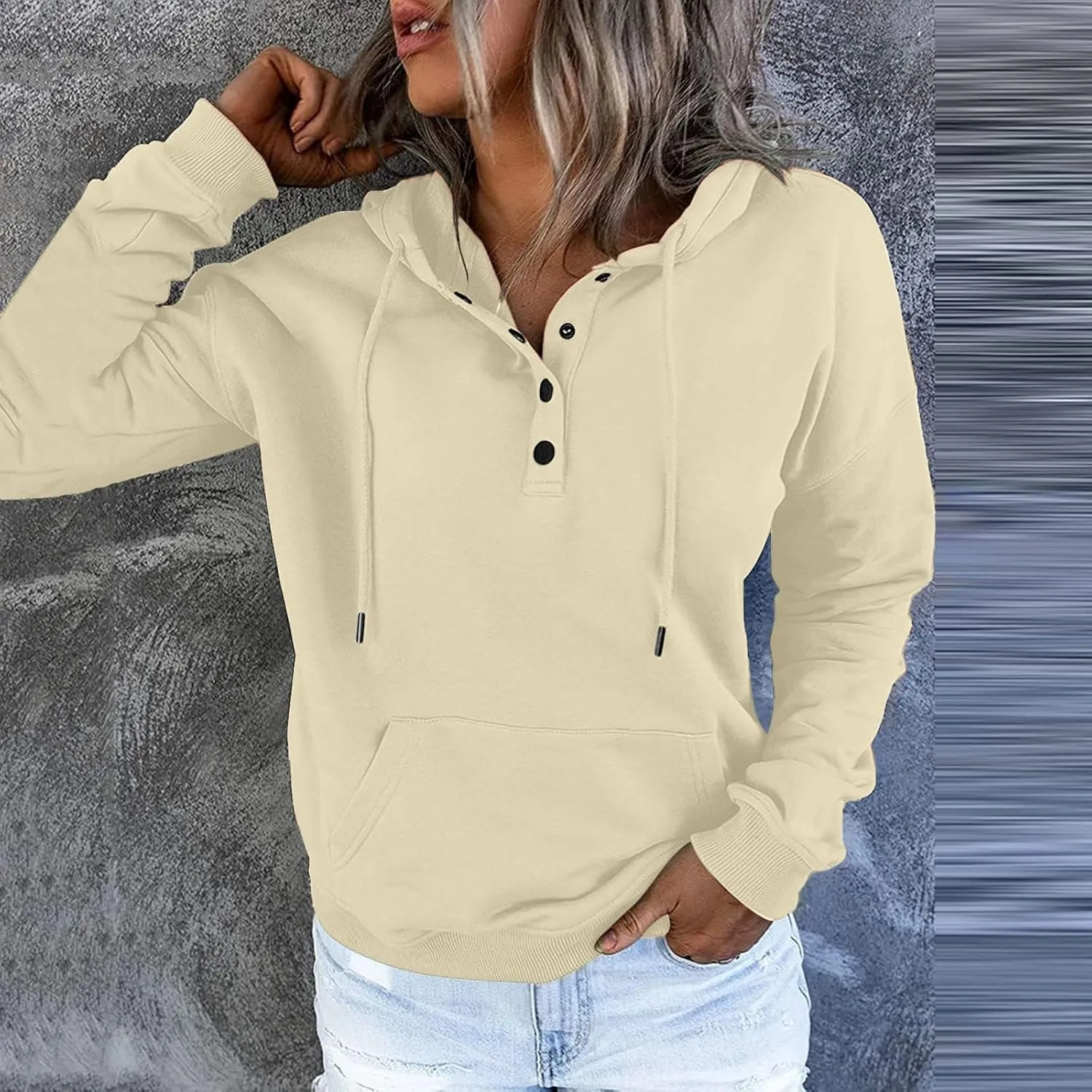 Women's Pullover Hoodies Tops Casual Button Down Long Sleeve Hooded Sweatshirts With Kangaroo Pocket Trendy 2023