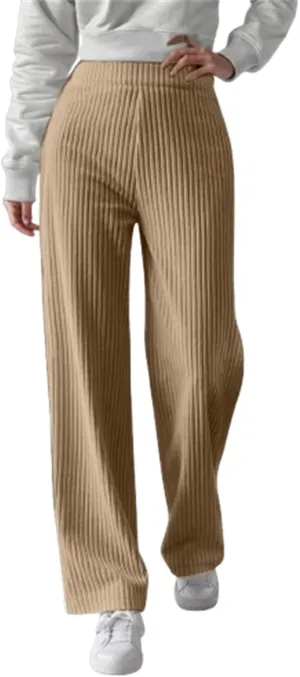 Women's Ribbed Knit Pants Casual Elastic High Waist Wide Leg Lined Long Comfort Loose Trousers with Pockets
