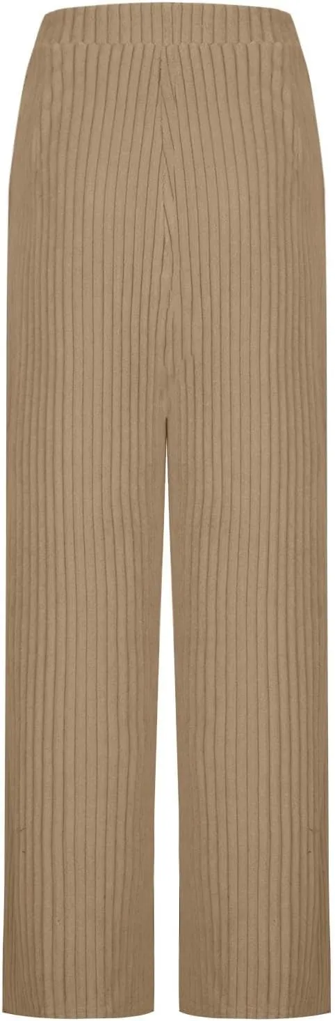 Women's Ribbed Knit Pants Casual Elastic High Waist Wide Leg Lined Long Comfort Loose Trousers with Pockets