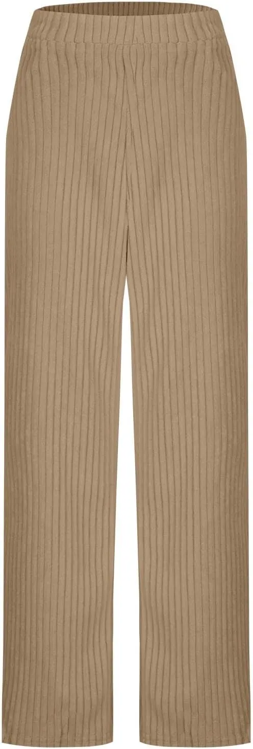 Women's Ribbed Knit Pants Casual Elastic High Waist Wide Leg Lined Long Comfort Loose Trousers with Pockets