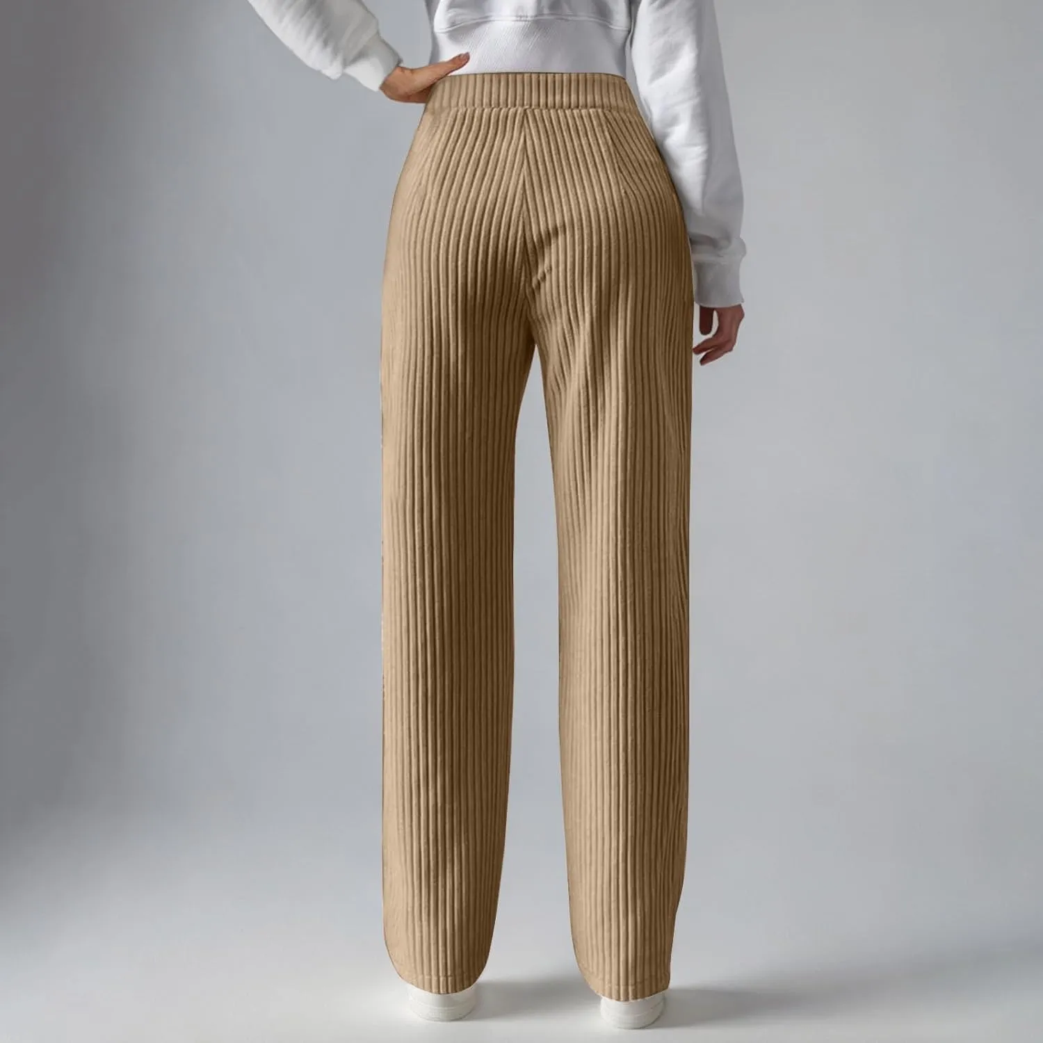 Women's Ribbed Knit Pants Casual Elastic High Waist Wide Leg Lined Long Comfort Loose Trousers with Pockets