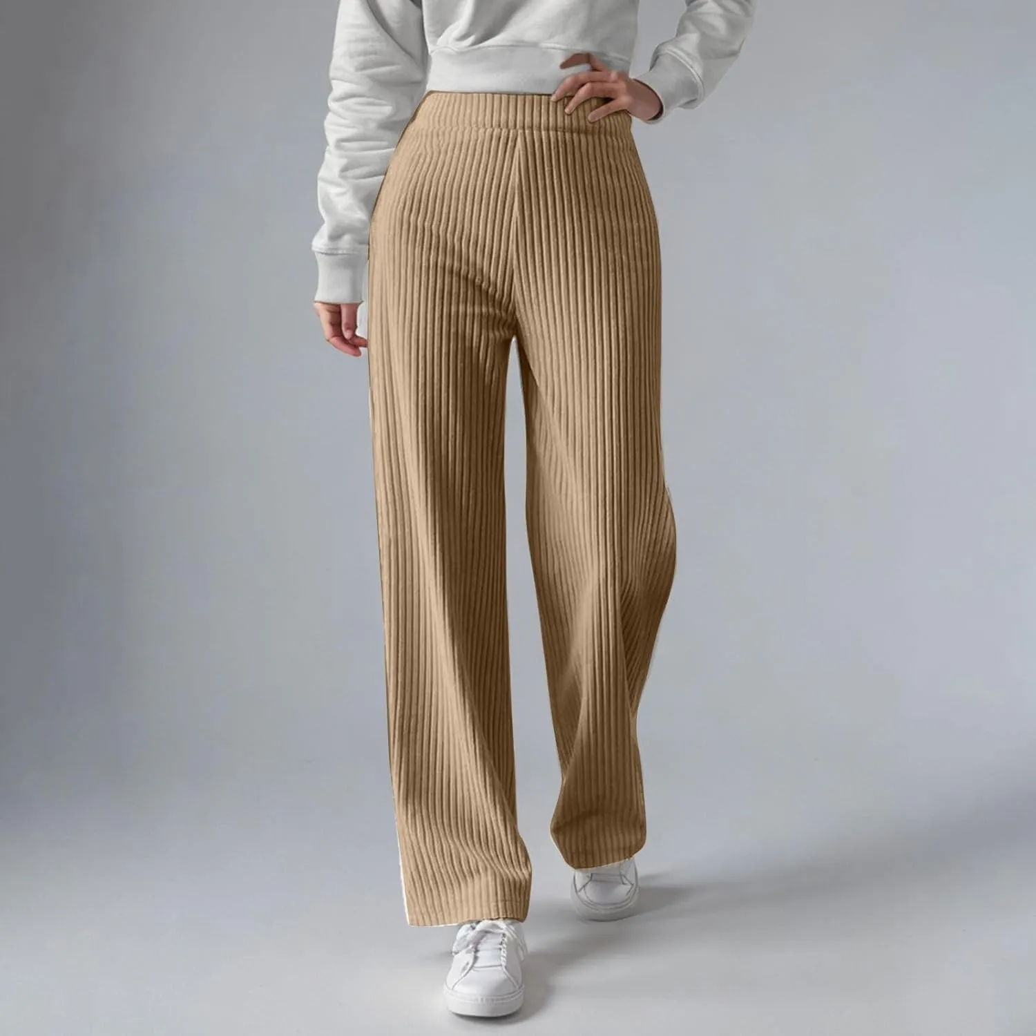 Women's Ribbed Knit Pants Casual Elastic High Waist Wide Leg Lined Long Comfort Loose Trousers with Pockets