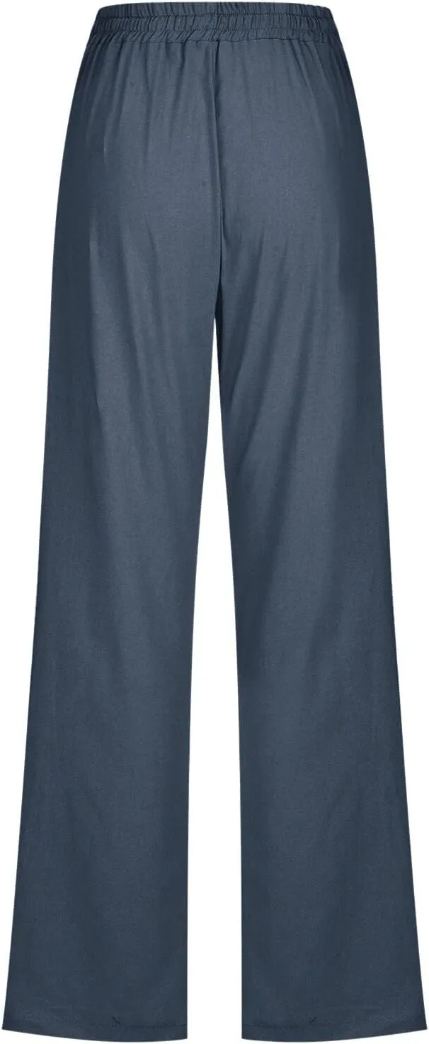 Women's Solid Striped Linen Capris Casual Drawstring Elastic Trousers Comfy Beach Palazzo Harem Pants with Pockets