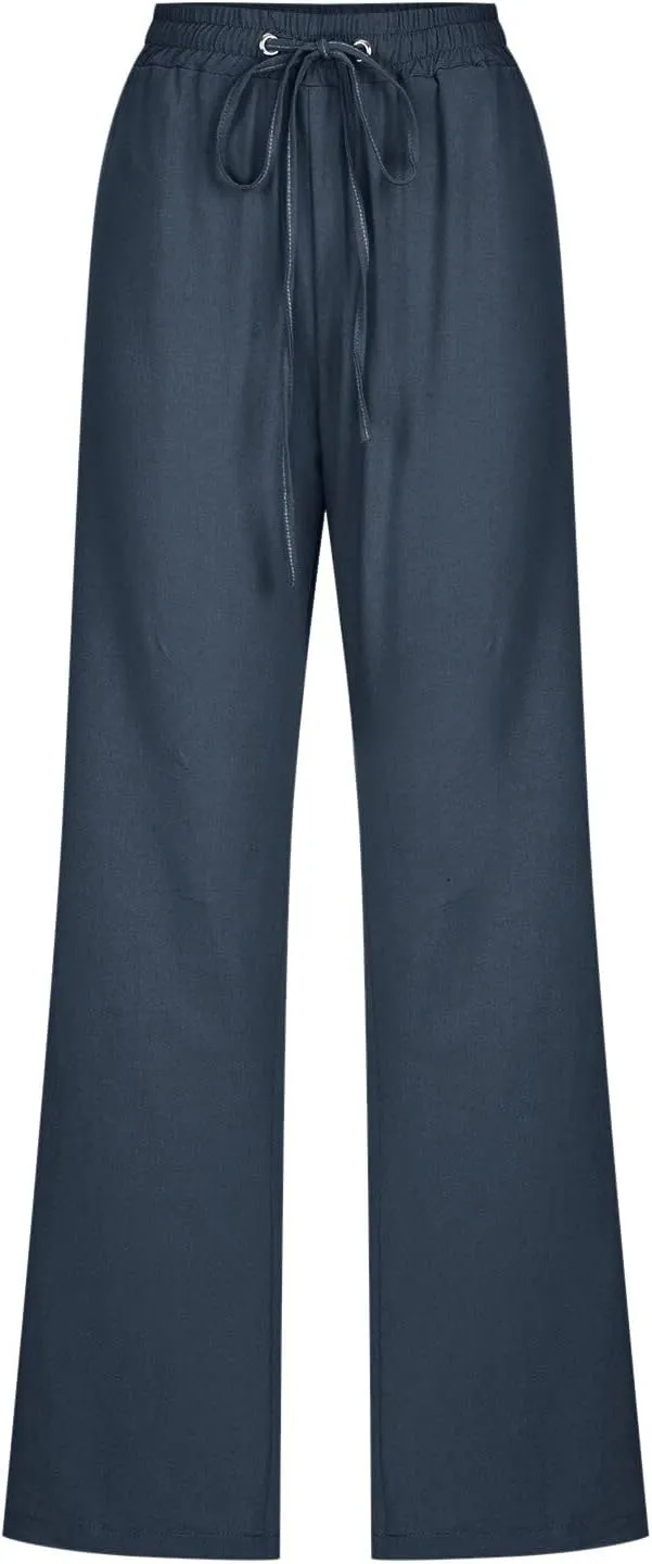 Women's Solid Striped Linen Capris Casual Drawstring Elastic Trousers Comfy Beach Palazzo Harem Pants with Pockets