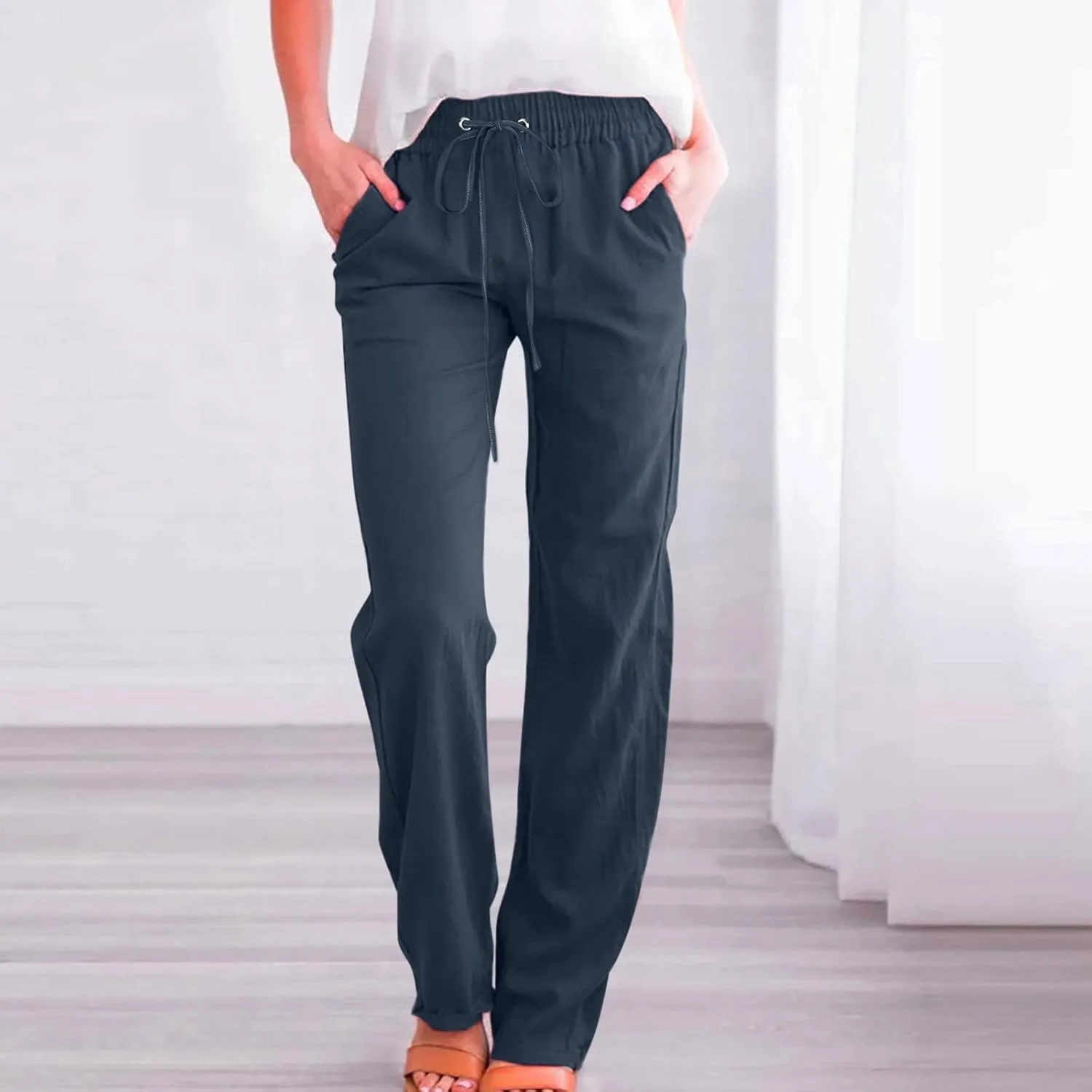 Women's Solid Striped Linen Capris Casual Drawstring Elastic Trousers Comfy Beach Palazzo Harem Pants with Pockets