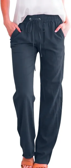 Women's Solid Striped Linen Capris Casual Drawstring Elastic Trousers Comfy Beach Palazzo Harem Pants with Pockets