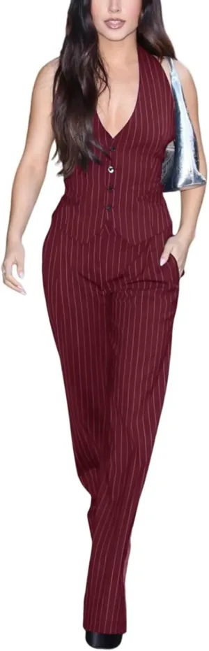Women's Stripe Vest Pants Set Business 2 Piece Outfits Office Lady Suit