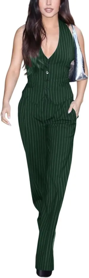 Women's Stripe Vest Pants Set Business 2 Piece Outfits Office Lady Suit