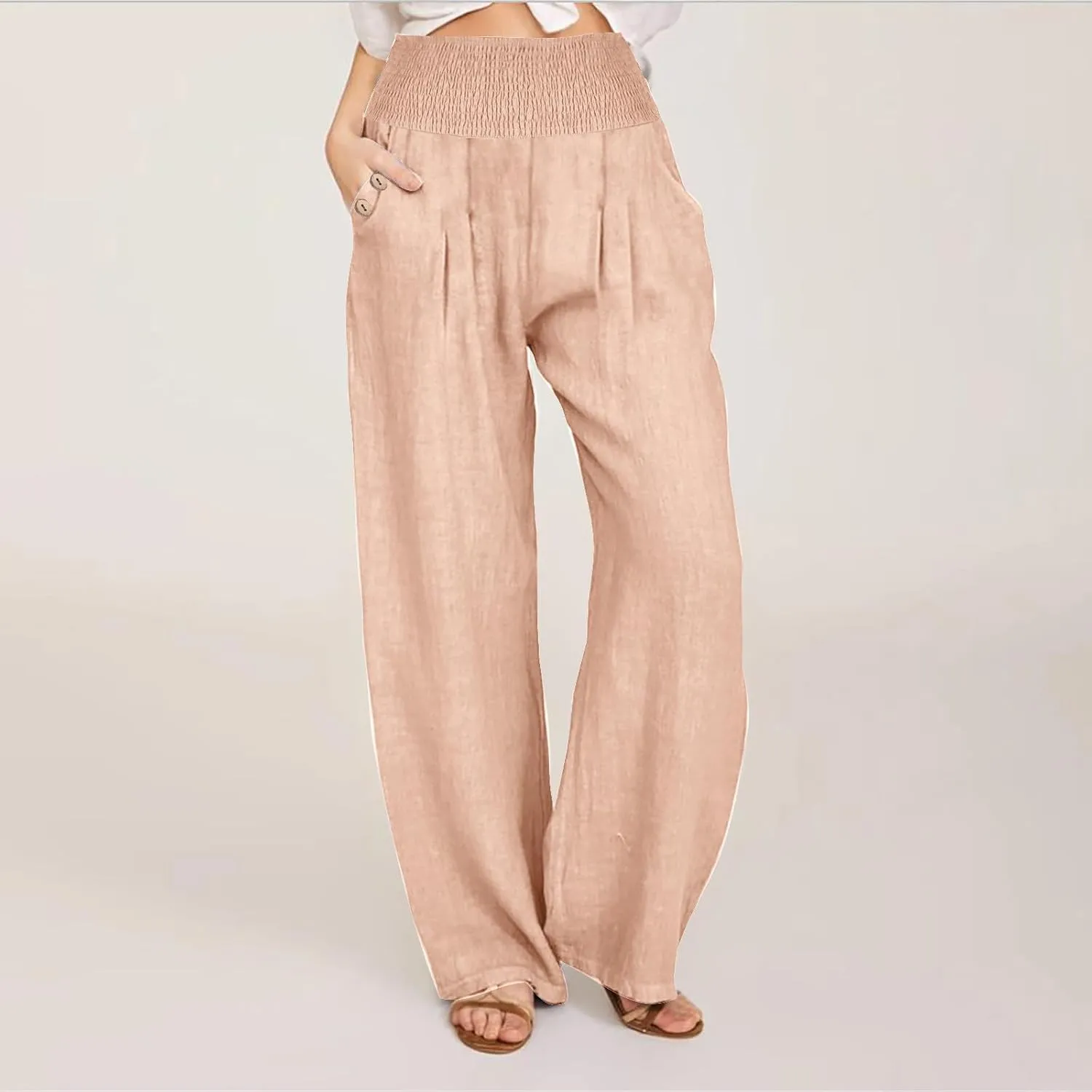 Womens Summer Cotton Linen Palazzo Pants Casual Smocked Waist Wide Leg Pants Loose Beach Lounge Trousers with Pockets