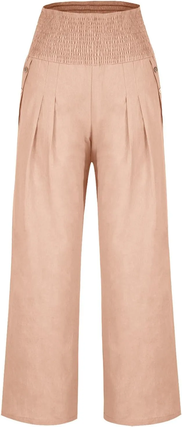 Womens Summer Cotton Linen Palazzo Pants Casual Smocked Waist Wide Leg Pants Loose Beach Lounge Trousers with Pockets