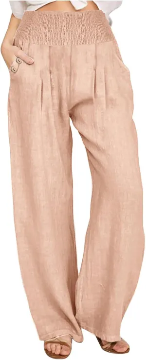 Womens Summer Cotton Linen Palazzo Pants Casual Smocked Waist Wide Leg Pants Loose Beach Lounge Trousers with Pockets