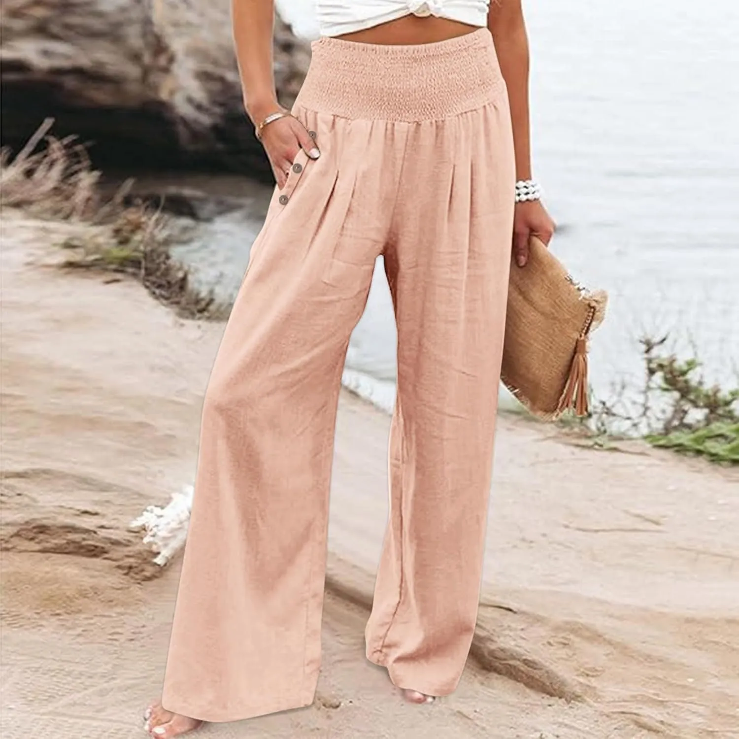 Womens Summer Cotton Linen Palazzo Pants Casual Smocked Waist Wide Leg Pants Loose Beach Lounge Trousers with Pockets