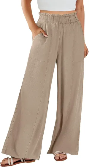 Women's Summer Fashion Casual Wide Leg Drawstring High Waist Pocket Long Dressy Loose Fit Pants