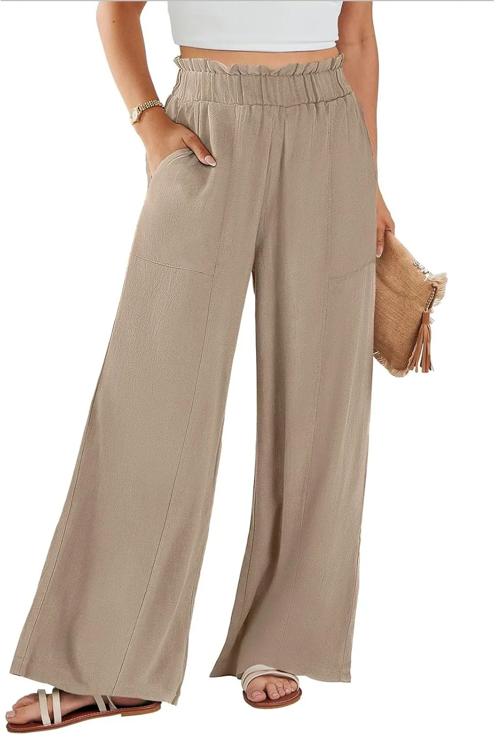 Women's Summer Fashion Casual Wide Leg Drawstring High Waist Pocket Long Dressy Loose Fit Pants