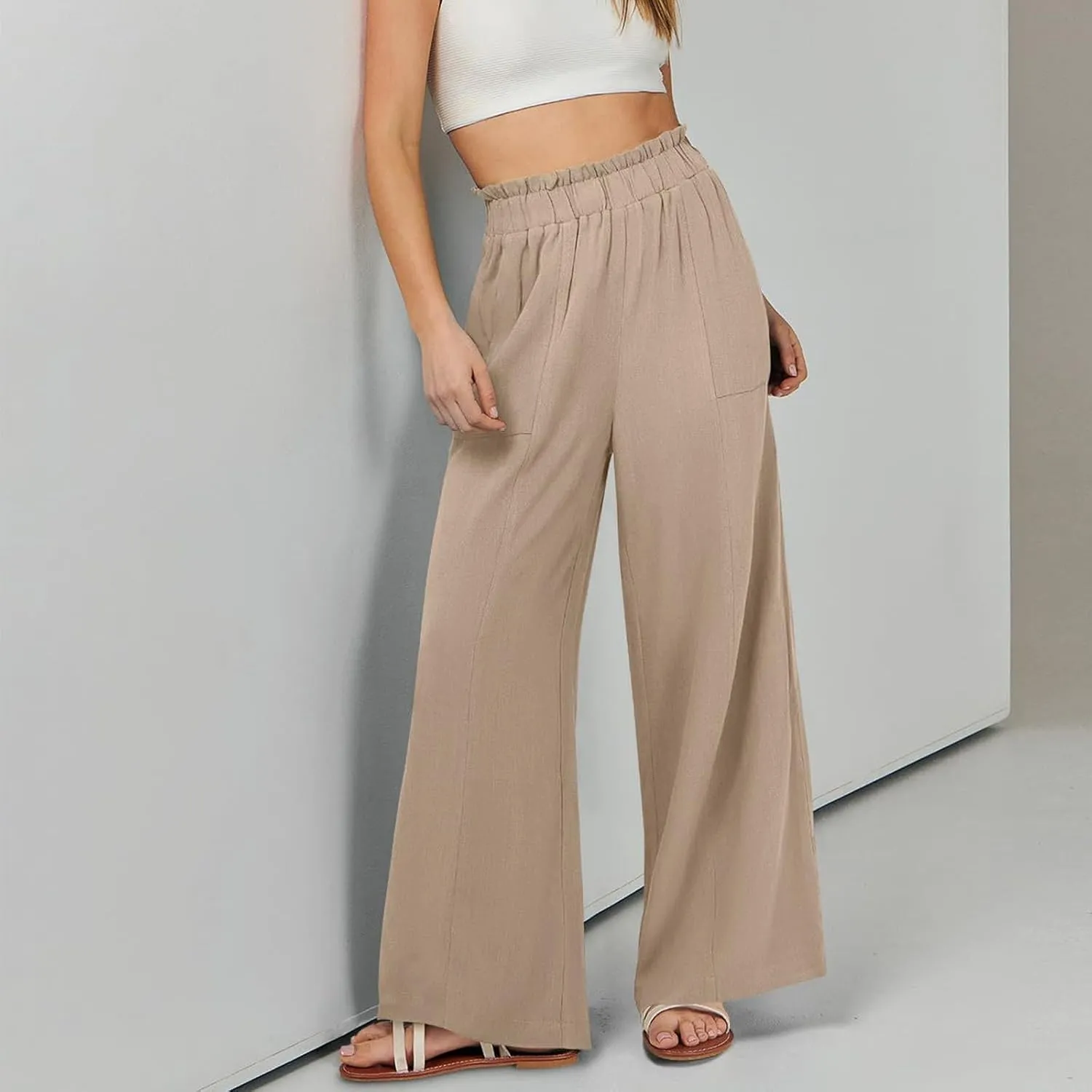 Women's Summer Fashion Casual Wide Leg Drawstring High Waist Pocket Long Dressy Loose Fit Pants