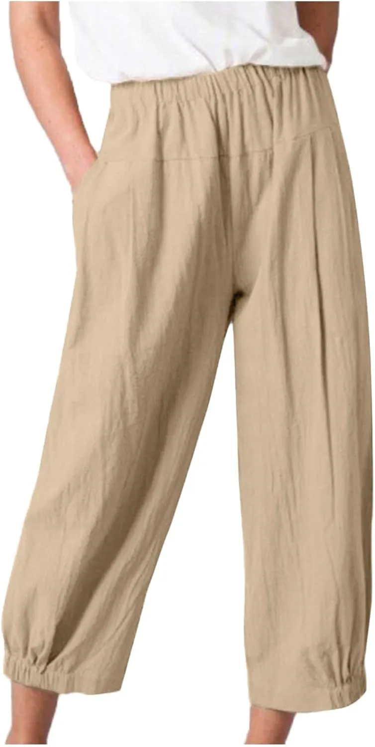 Womens Summer Harem Capri Pants Elastic Waist Casual Business Loose Work Slacks Lounge Cropped Trousers with Pockets