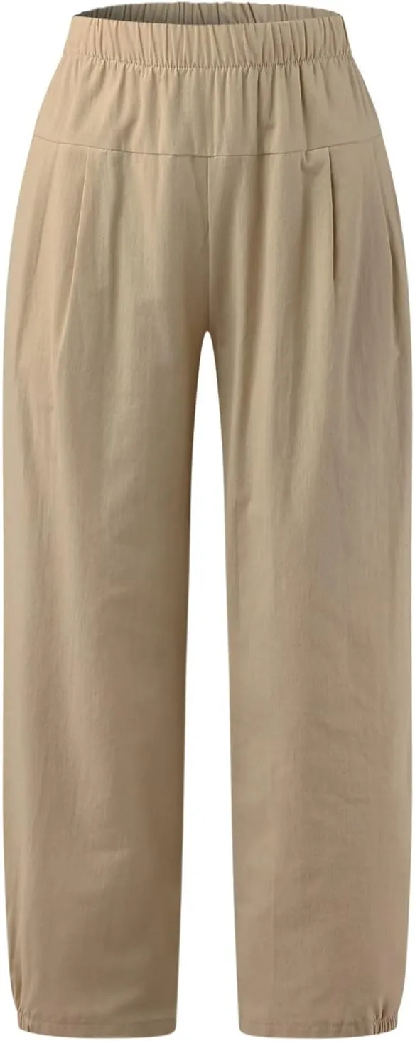 Womens Summer Harem Capri Pants Elastic Waist Casual Business Loose Work Slacks Lounge Cropped Trousers with Pockets
