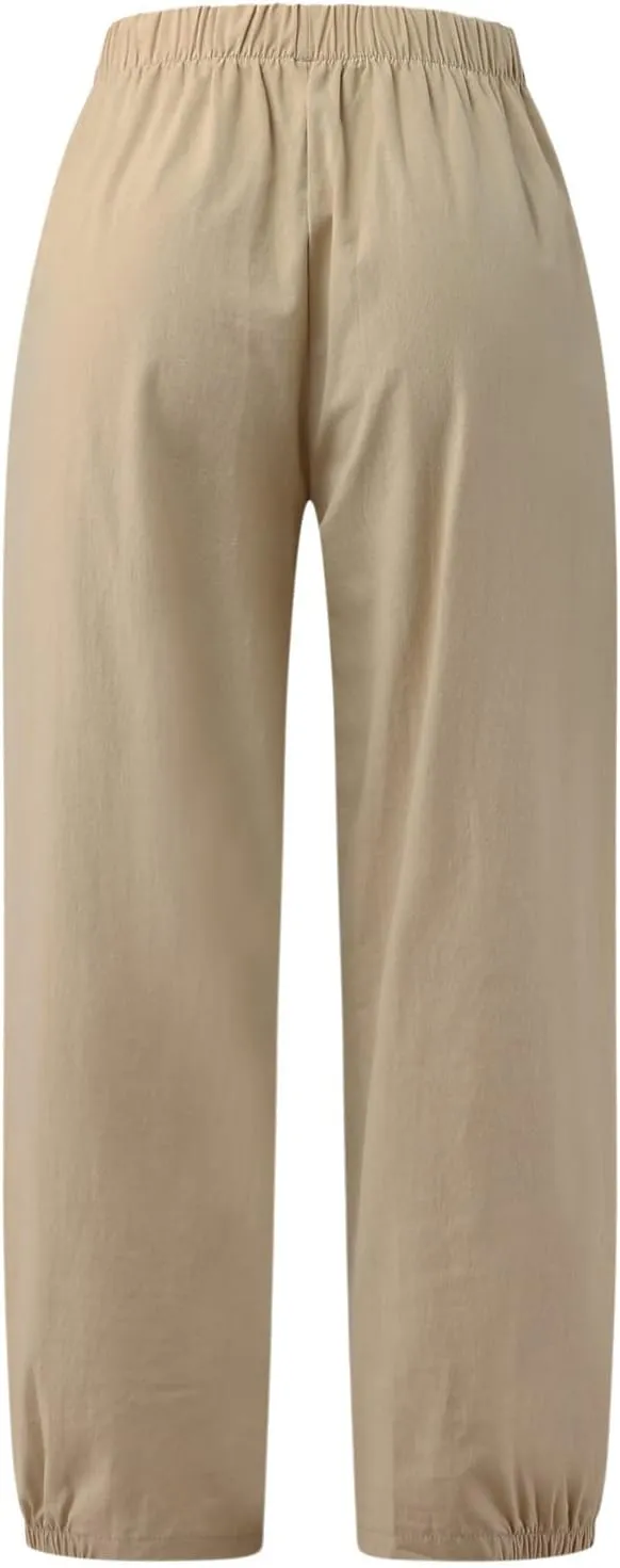 Womens Summer Harem Capri Pants Elastic Waist Casual Business Loose Work Slacks Lounge Cropped Trousers with Pockets