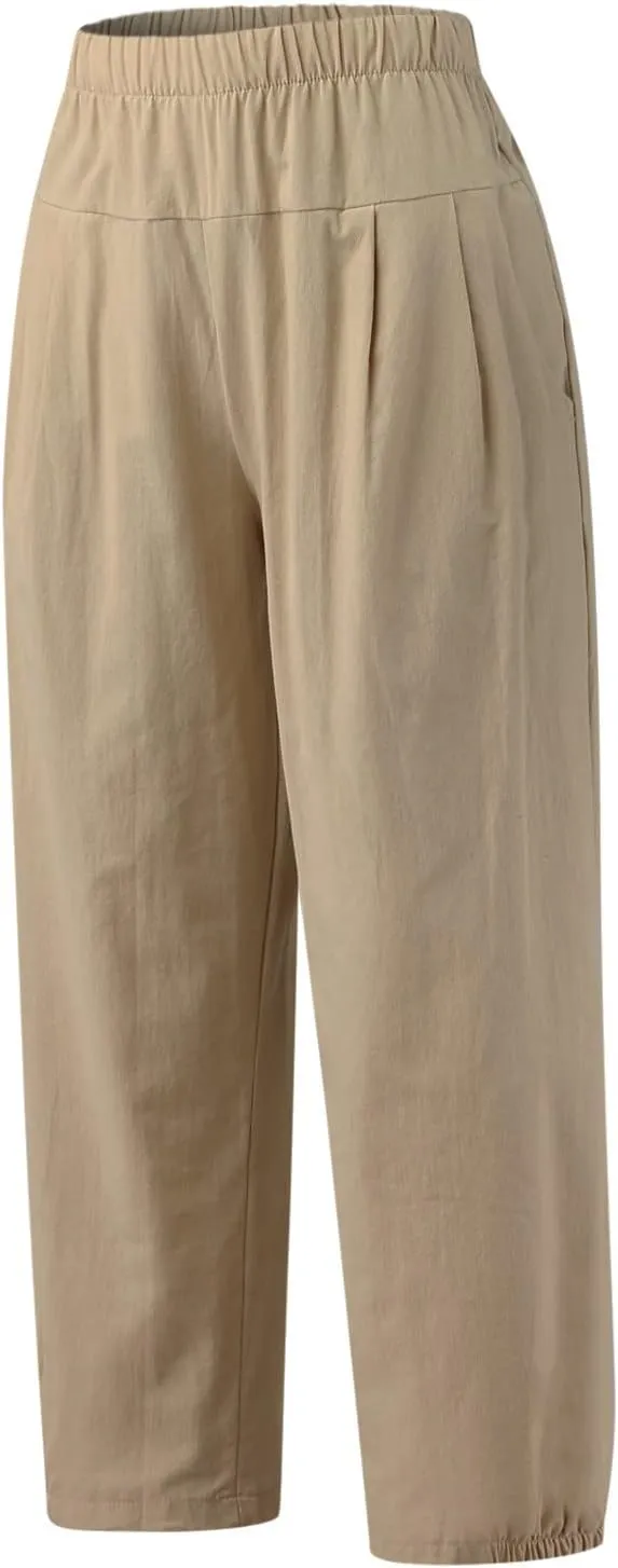 Womens Summer Harem Capri Pants Elastic Waist Casual Business Loose Work Slacks Lounge Cropped Trousers with Pockets