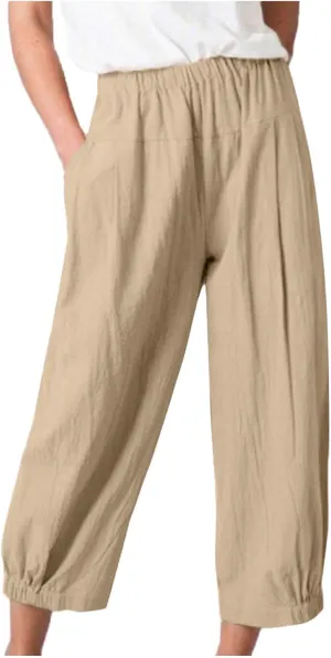 Womens Summer Harem Capri Pants Elastic Waist Casual Business Loose Work Slacks Lounge Cropped Trousers with Pockets