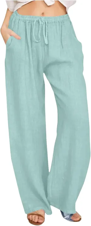 Women's Summer Linen Pants Casual Beach Drawstring Waist Wide Leg Trouser with Pocket Loose Cotton Linen Palazzo Pant
