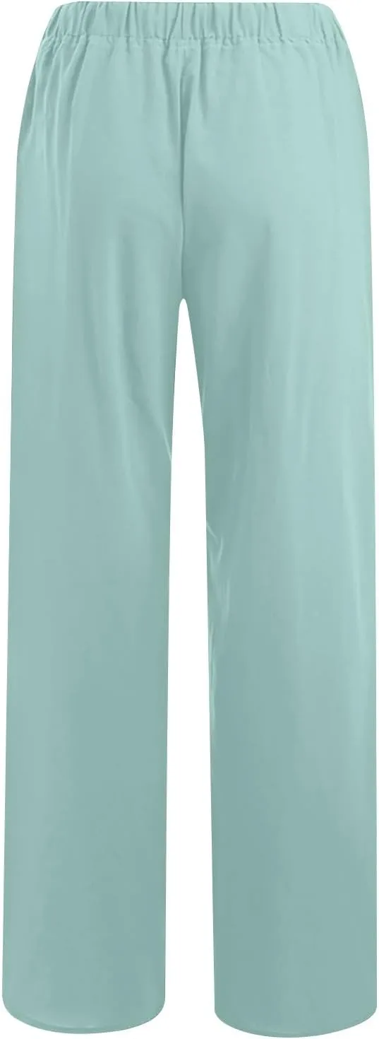 Women's Summer Linen Pants Casual Beach Drawstring Waist Wide Leg Trouser with Pocket Loose Cotton Linen Palazzo Pant