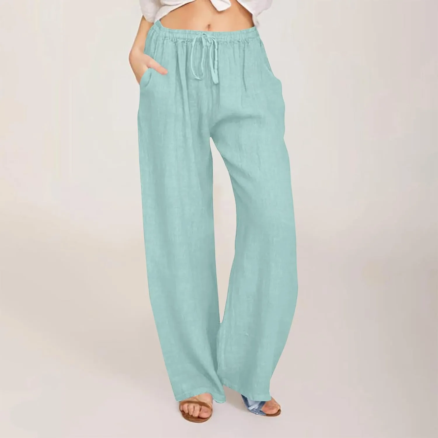 Women's Summer Linen Pants Casual Beach Drawstring Waist Wide Leg Trouser with Pocket Loose Cotton Linen Palazzo Pant