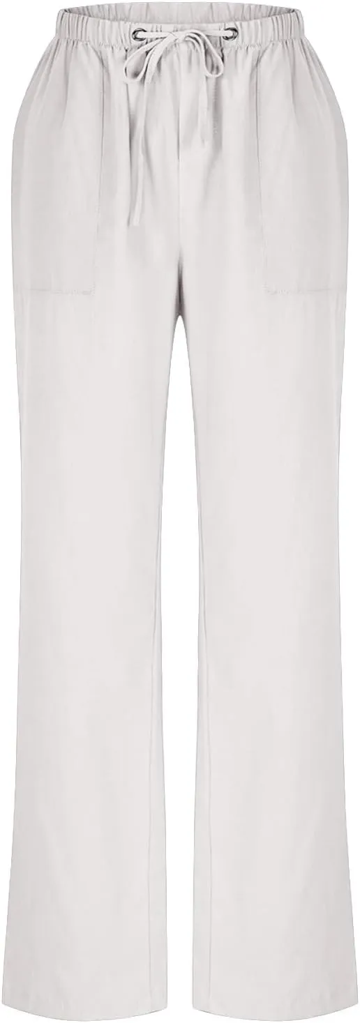 Women's Summer Loose Cotton Linen Palazzo Pants Drawstring Waist Wide Leg Pants with Pockets Long Lounge Trousers