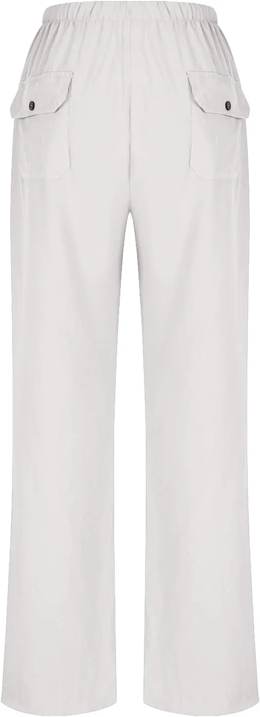 Women's Summer Loose Cotton Linen Palazzo Pants Drawstring Waist Wide Leg Pants with Pockets Long Lounge Trousers
