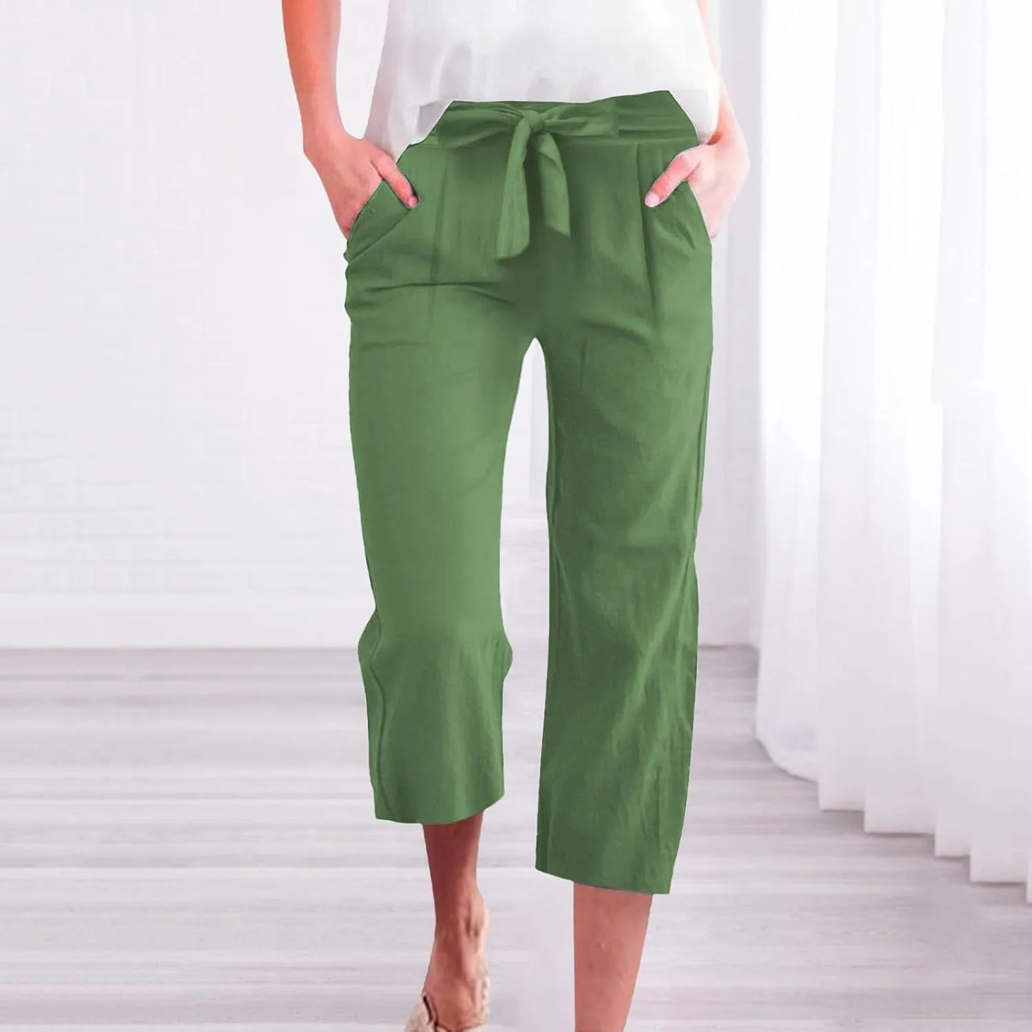Womens Sweatpants Work,Cargo Pants Women Tall, Linen Cotton Straight Leg Petite Low Rise Capris with Pockets
