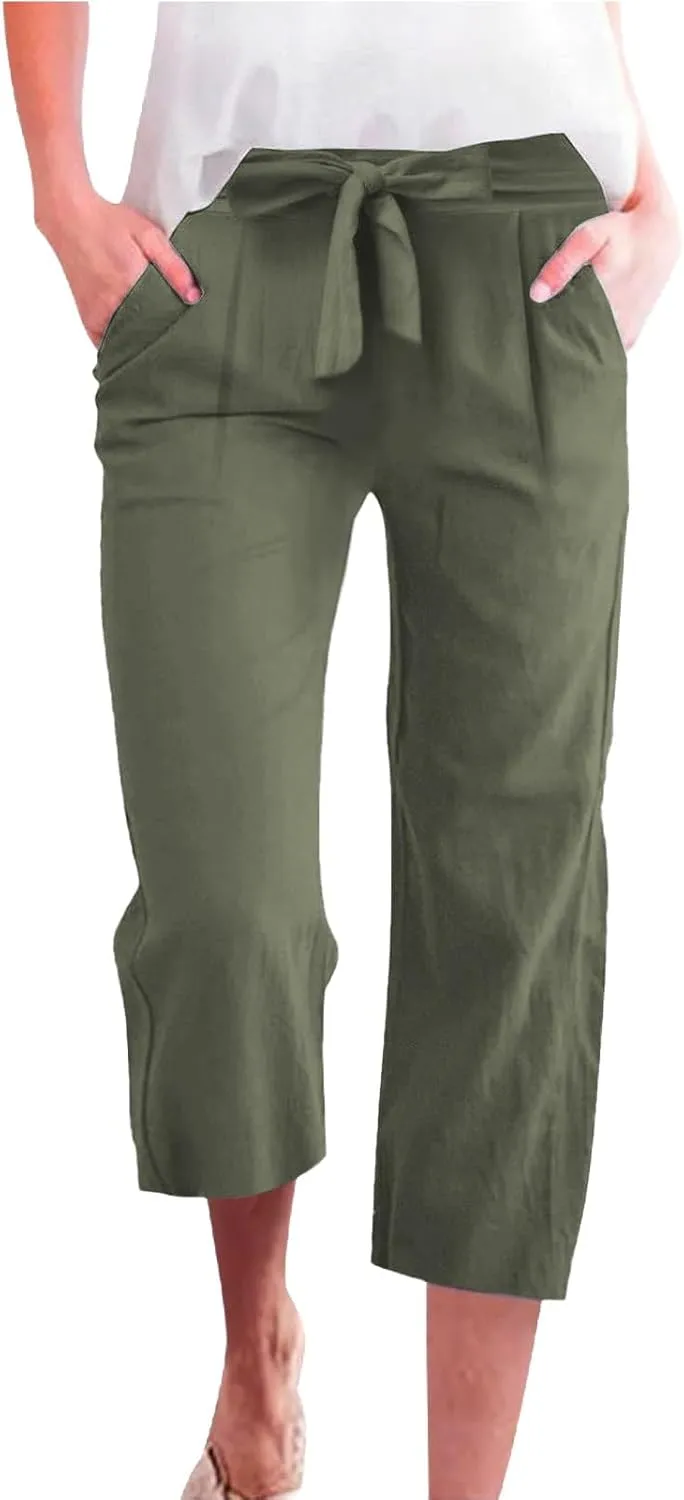 Womens Sweatpants,Women's Pants with Pockets Low Rise Capris Pockets Petite Work Straight Leg Linen Cotton